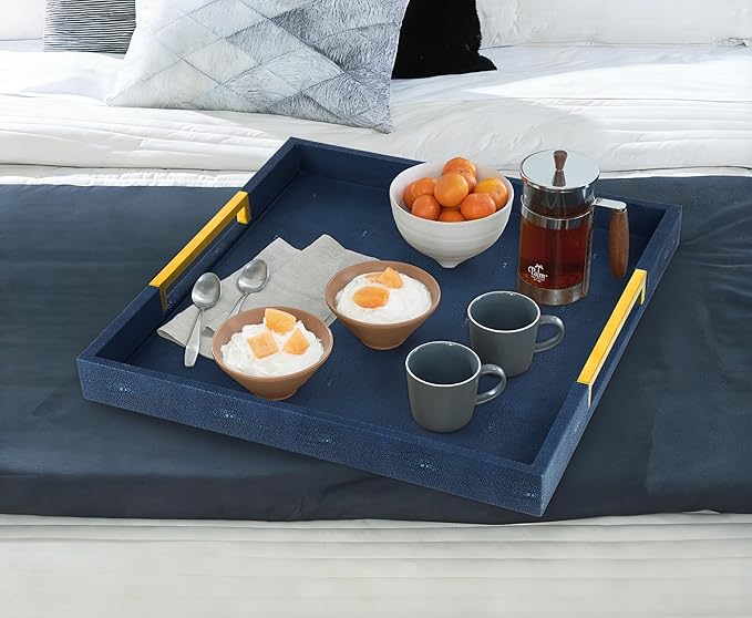 HofferRuffer Faux Leather Serving Tray with Gold Metal Handles, Stylish Decorative Tray Organizer for Coffee Table, Ottoman, Home Decor and Serving (Blue Shagreen, 18.9" x 18.9" x 2")