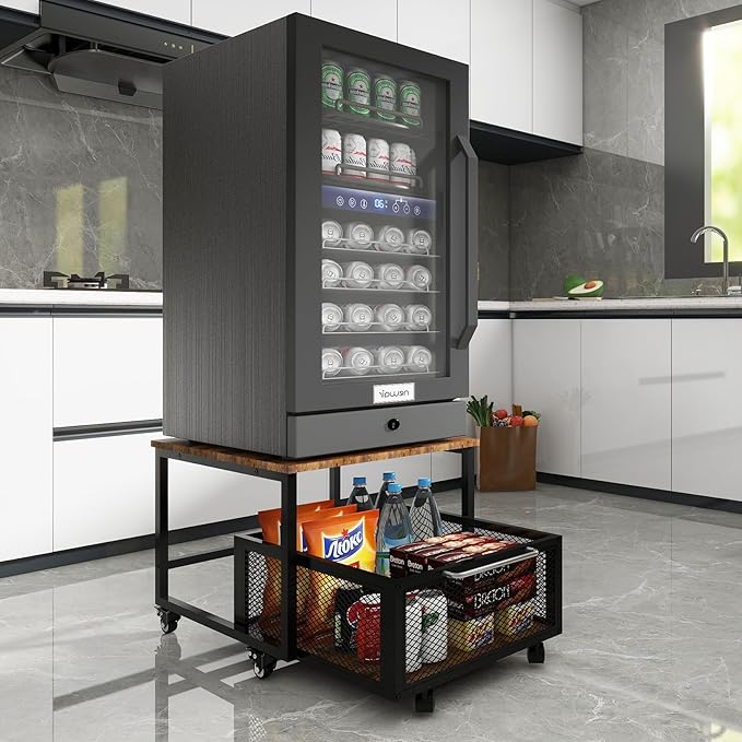 PUNCIA 19.7x23.6in Mini Fridge Stand with Large Capicity Storage Sturdy Refrigerator Table with Lockable Wheels Rolling Fridge Cart Heavy Duty Appliance Platform for Dorm, Apartment,Office, Bedroom