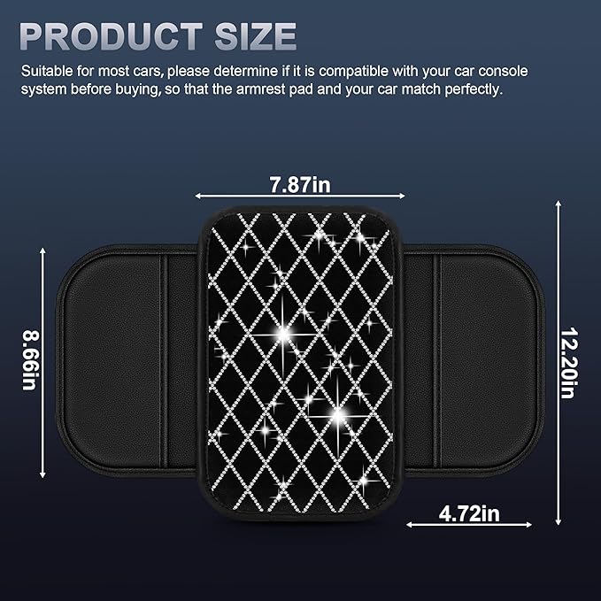 Bling Center Console Cover Fit for Infiniti QX60 2022-2025: with Quilting Pattern Crystal Rhinestone Automotive Armrest Cushion-Stylish Diamond Arm Rest Protection Mat(Black)