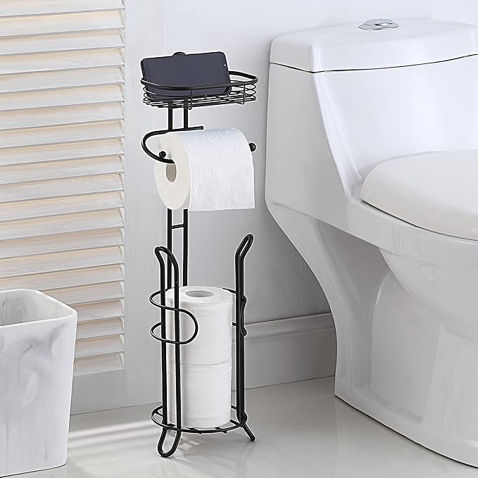 SunnyPoint Bathroom Heavyweight Toilet Tissue Paper Roll Storage Holder Stand with Reserve and Shelve, The Reserve Area Has Enough Space to Store Mega Rolls. (Black)