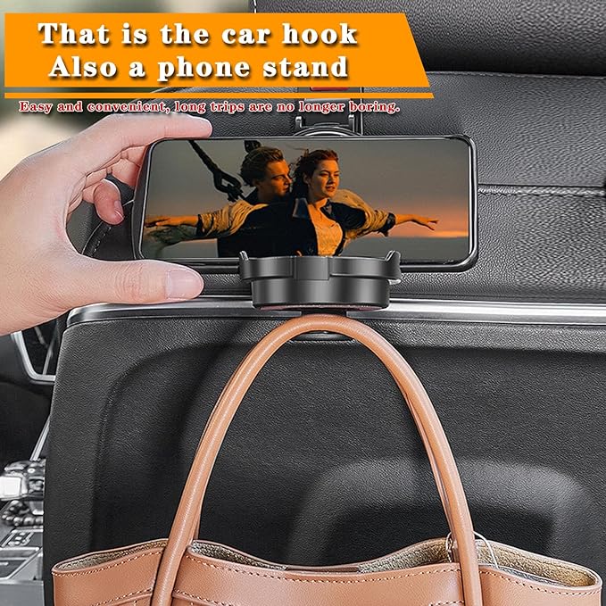 Car Headrest Hook - 2 in 1 Multifunction Phone Holder & Cup Holder, Back Seat Organizer with Sturdy Anti-Slip Design for Phones, Bags, Cups - Universal for Most Vehicles (Black-1PC)