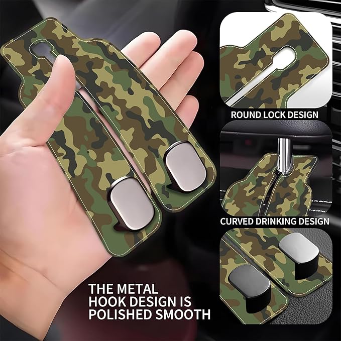 Camouflage Car Headrest Purse Hanger Camo Hunting Forest 1 Pack Bag Purse Holder for Car Premium Leather Double Metal Hook for Handbags, Grocery Bags and Phones