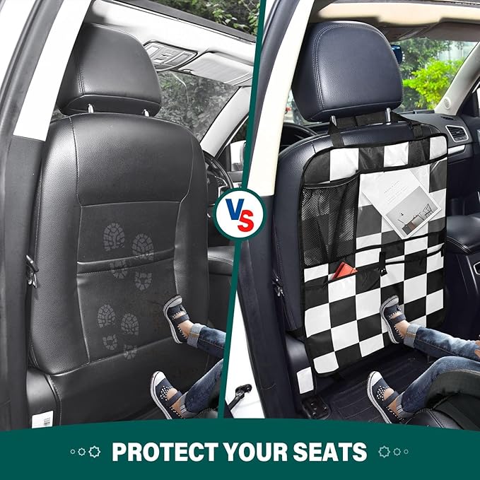 2 Pack Back Seat Car Organizer with Storage Pockets Kick Mats Back Seat Protector Hanging Car Organizer Automotive Seat Back Cover Organizers Checkered Black and White