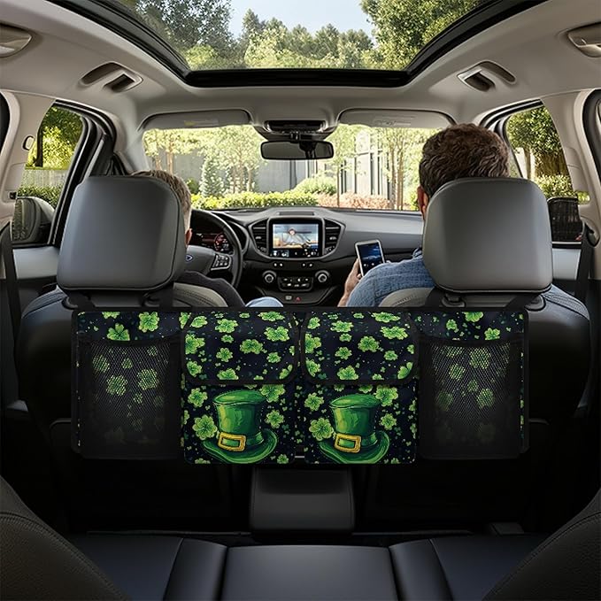 CLOHOMIN Green Hat Car Trunk Organizer for Sedan Green Leaf Car Organizers and Storage with 4 Pockets Hanging Back Seat Organizer St. Patrick's Day Car Storage Accessories Interior
