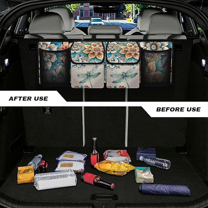 Dreaweet Boho Dragonfly Trunk Organizer for Car Women Collapsible Car Organizer and Back Seat Storage Hanging Portable Trunk Organizer SUV Storage Car Accessories for Trucks Minivan