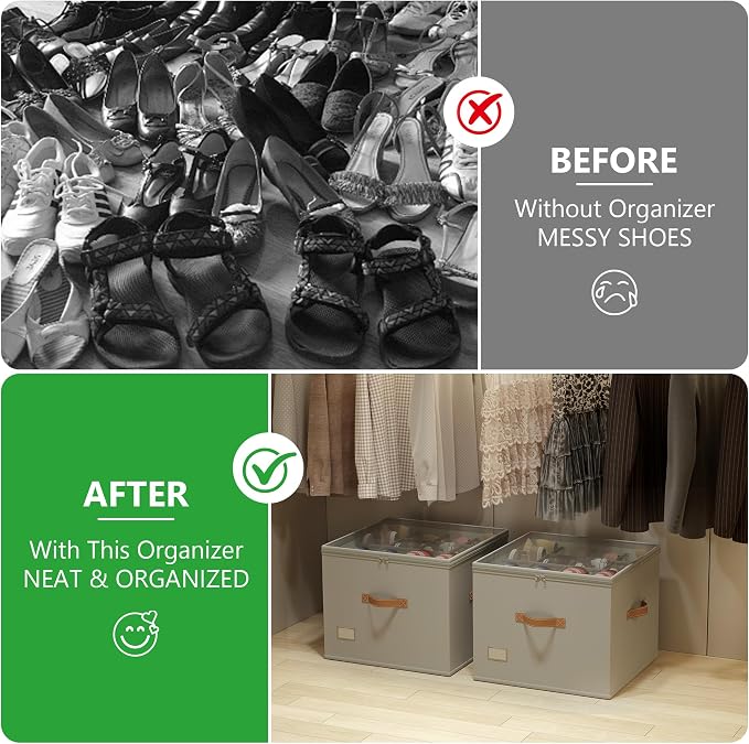 Vincona Shoe Organizer for Closet,2 Pack Shoe Storage Bins Foldable Shoe Storage Box Containers with Clear Cover and Sturdy Handles,Shoe Rack for Closet Storage for Sneakers Heels Slippers (Grey)