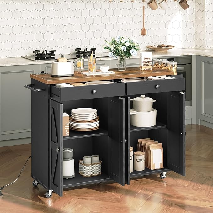 HOOBRO Kitchen Island with Power Outlet, 43.3" Rolling Island with Storage, Kitchen Cart with Spice Rack and Hooks, for Living Room, Rustic Brown and Black BF11UZD01