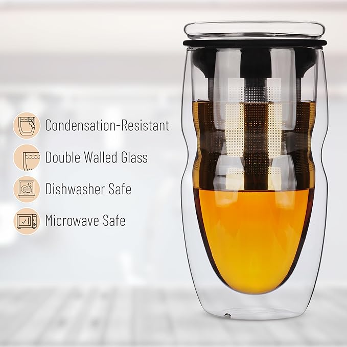 BTaT- Double Wall Glass Tea Cup With Stainless Steel Infuser and Lid, 16 oz, 2 Pack, Borosilicate Glass Tea Mug Infuser, Gifts for Tea Lovers