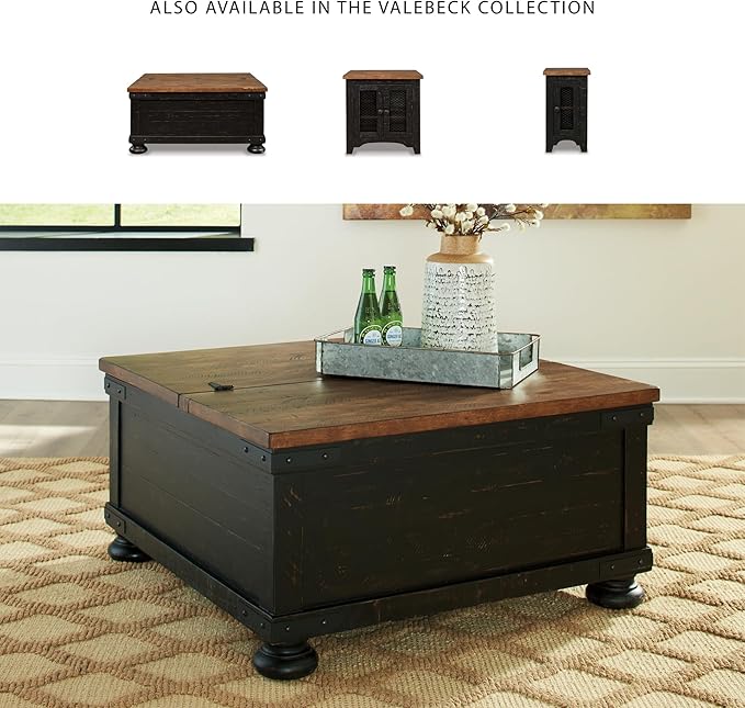 Signature Design by Ashley Valebeck Lift Top Coffee Table, Storage, Split-top Design, Wood, 36" W x 36" D x 18" H, 2-tone Distressed Brown & Black Finish