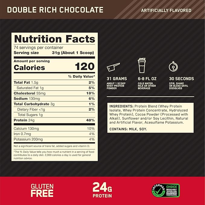 Optimum Nutrition Gold Standard 100% Whey Protein Powder, Double Rich Chocolate, 5 Pound (Packaging May Vary)