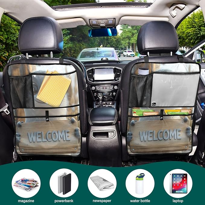Seal Holding Sign 2 Pack Multifunctional Car Seat Back Organizer, Backseat Kick Protectors Vehicle Storage Bag with Tablet Holder