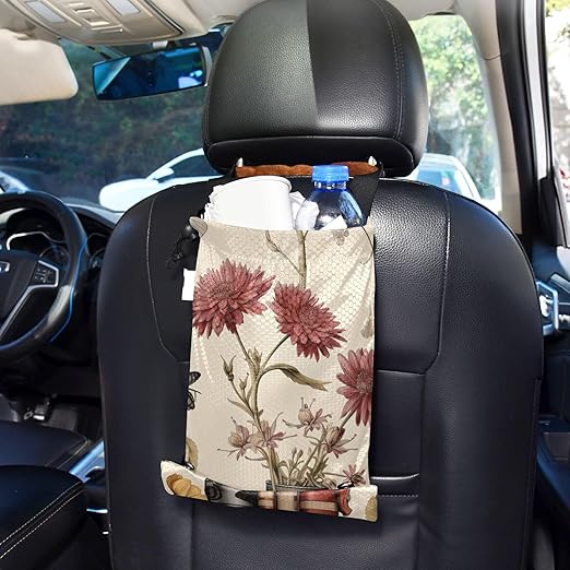ALAZA Hanging Car Trash Bags Garbage Bag Trash Can for Back Seat Small Flower Book Washable Storage Bag Retractable 2 Pack