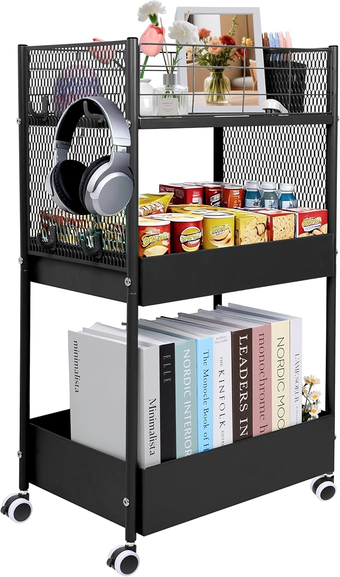 3-Tier Rolling Storage Cart Metal Utility Cart with Wheels, Office Organizer with Hanging Cups, Hooks, Book Snack Craft Mobile Shelving Unit for Office Kitchen Nursery