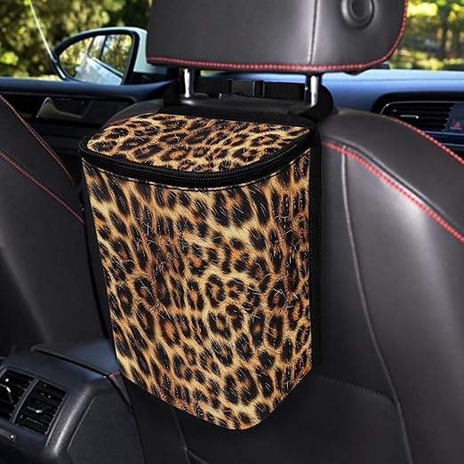 Brown Leopard Print Car Trash Can with Lid Leakproof Trash Bin Easy Installation Leak Proof Car Garbage Cans Fashion Interior Accessories for Truck,SUV,Sedan,Van