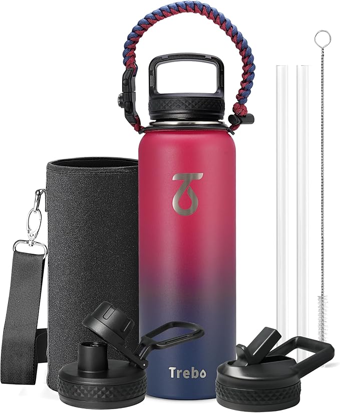 Trebo 40oz Water Bottle with 3 Lid and handle, Vacuum Insulated Stainless Steel Metal Outdoor Leakproof BPA-Free Flask, Keep Cold 48 Hours Water Jug, Best Gift for Men Women Holiday, Ruby Red