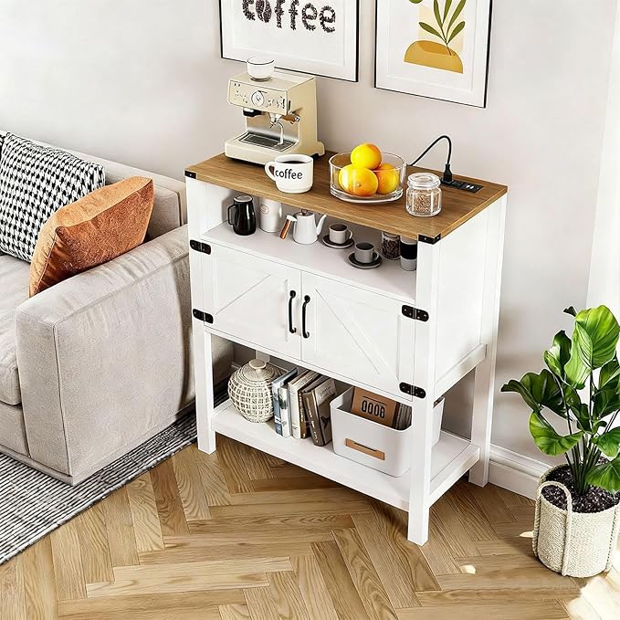 Console Table with Outlets, Farmhouse Coffee Bar Cabinet, 31.5 l x 13.8 D x 35.5 H, Entryway Table with Storage Cabinets for Living Room, Couch, Hallway, Foyer, Kitchen (White)