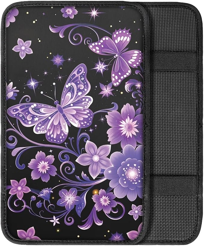 Purple Butterfly Car Center Console Cover Soft Arm Rest Cover Car Easy to Install Cars Interior Automotive Universal Size Fit for Most Cars SUVs Trucks Vans