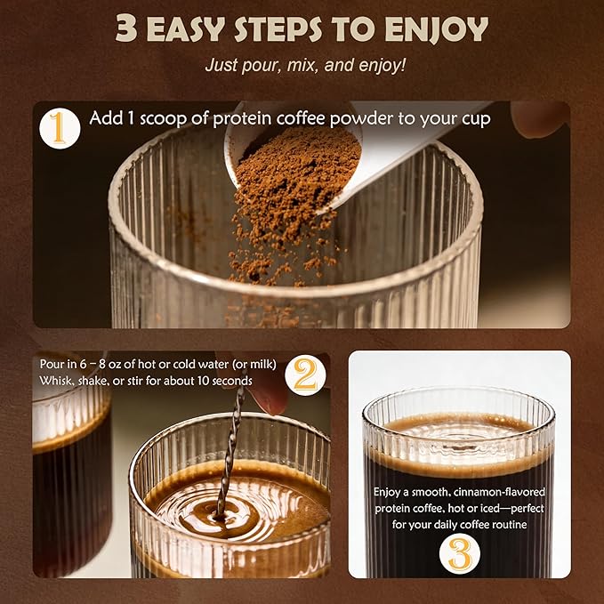 Protein Coffee Powder, Whey Protein Iced Coffee | 14-Mushroom Blend with Reishi & Lion’s Mane, L-Theanine, Ashwagandha & DHA | No Added Sugar, Keto Friendly, Gluten Free | Cinnamon Flavor, 20 Servings