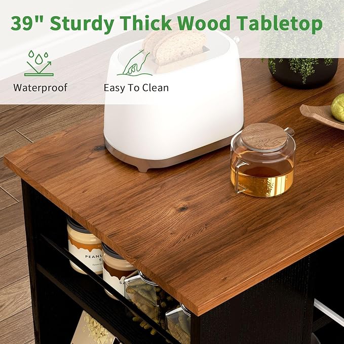4 EVER WINNER Kitchen Island with Storage, Rolling Kitchen Island with Spice Rack & Towel Rack & Open Shelves, Island Table for Kitchen with Storage Cabinet and Drawer, Black