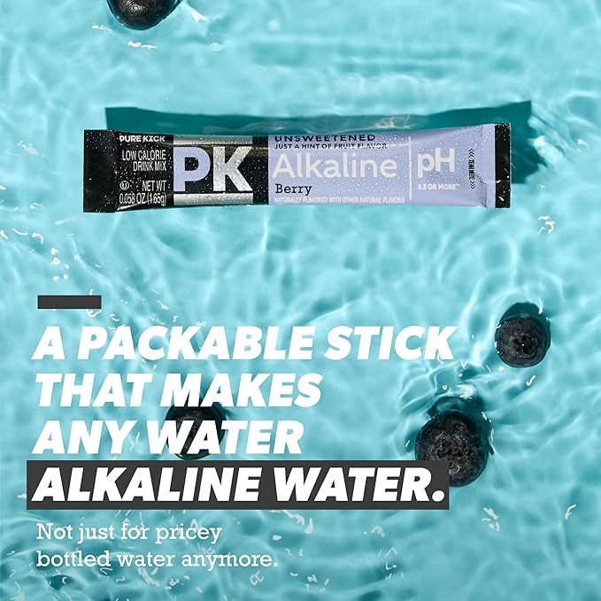 Pure Kick Alkaline pH 8.5 or Higher Berry Powdered Drink Mix Packets, Unsweetened with a Hint of Flavor -, 72 Total Packets (12 Boxes, 6 Each), Singles to Go!