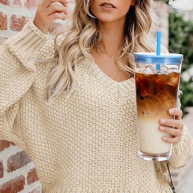 24oz Tumbler with Lid and Straw, Leak Proof and Double Wall Insulated Reusable Plastic Cups,Travel Reusable Iced Coffee Cup (1, Blue)
