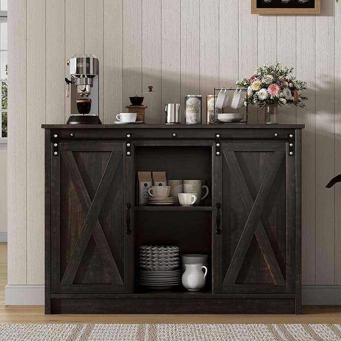 4 EVER WINNER Coffee Bar Cabinet with Sliding Barn Doors, 42” Sideboard Buffet Cabinet with Storage, Farmhouse Coffee Bar Station Table Liquor Wine Bar with Shelves for Kitchen, Espresso