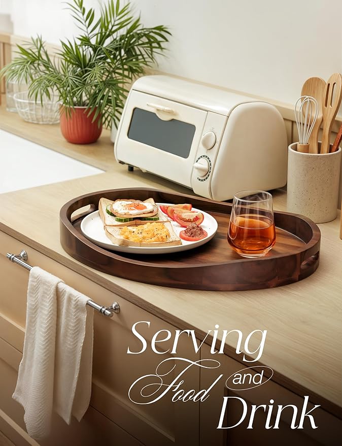 Acacia Wood Ottoman Tray with Handles - 20" x 15" Round - Large Oval Serving Trays for Living Room -Wooden Trays Decorative for Kitchen Counter, Coffee Table, Breakfast in Bed (Walnut Color)