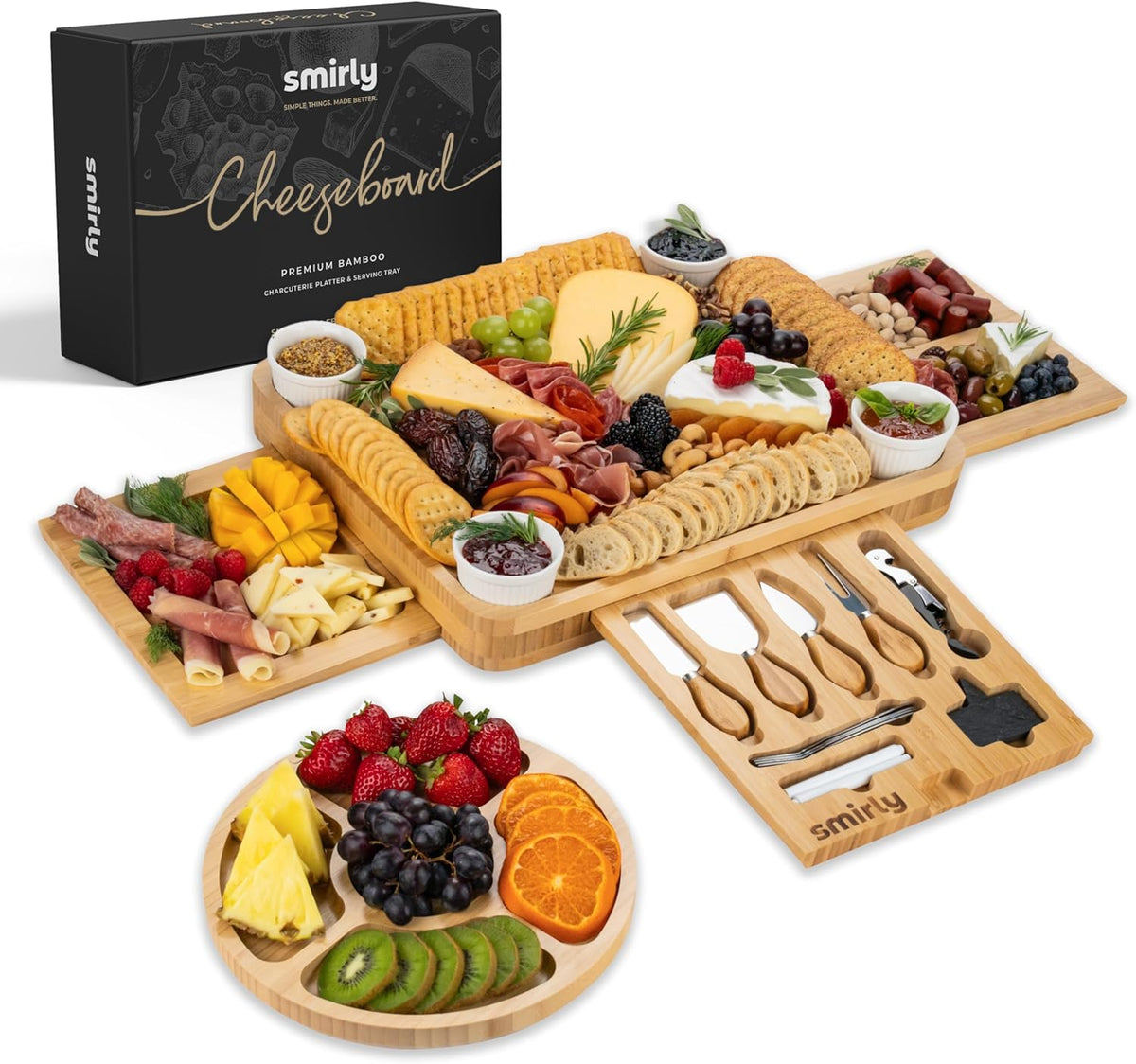 SMIRLY Charcuterie Boards Set - Large Bamboo Cheese Board Set - House Warming Gifts New Home, Wedding Gift for Couple, Bridal Shower Gift, Birthday Gifts for Women