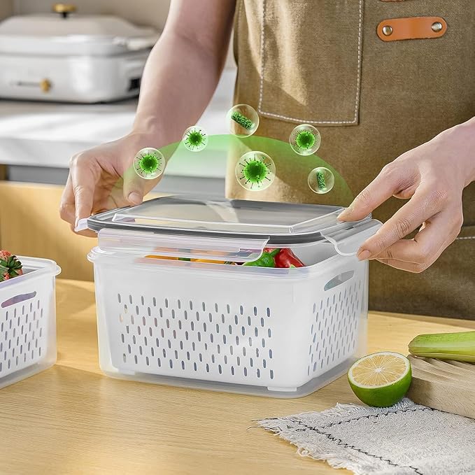 5 PCS Fruit Storage Containers for Fridge, Leakproof Produce Containers for Fridge with Removable Colander, Microwave/Dishwasher Safe Fruit Washing Bowl Keep Fruits, Vegetables, Berry Fresh longer