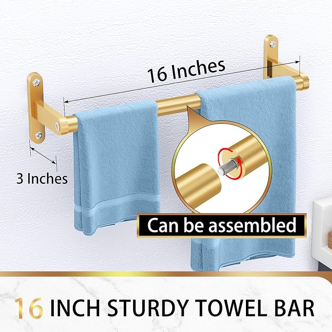 KLJKPA Gold Towel Bar, 16 Inch Towel Rack for Bathroom Wall Mounted | Heavy Duty Single Towel Rod, Space-Saving Hand Towel Holder, Stainless Steel
