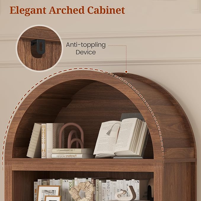 81" Tall Arched Cabinets,Bookcase with storage,Mid-Century Modern 6-Tier Bookshelf with Door,2 Book Risers and Adjustable Shelves offering more storage space for Living Room,Kitchen,Home Office,Brown