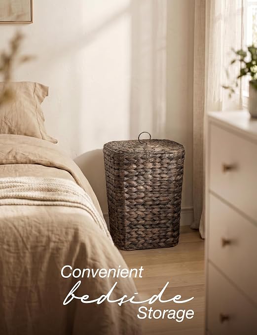 Tidita 3 Gallon Large Wicker Trash Can with Lid, Boho Bathroom Garbage Can | Water Hyacinth Construction, Space-Saving Shape, Reinforced Inner Iron Frame, Removable Liner For Easy Emptying, Black Color