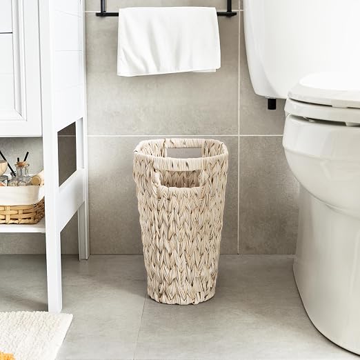 GRANNY SAYS Wicker Trash Can, Waterproof Bathroom Trash Can, Wicker Waste Basket for Bathroom, Decorative Boho Waste Basket for Bedroom, Office, 15 Liters/4 Gallons