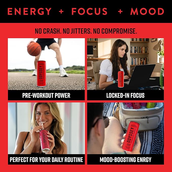Odyssey Functional Energy Drink for Focus, Cognition & Mood Support 12 Pack - Adaptogenic Drink with 85mg Green Tea Caffeine, Lion’s Mane, Cordyceps, L-Theanine & Ginseng, Passion Fruit Orange Guava