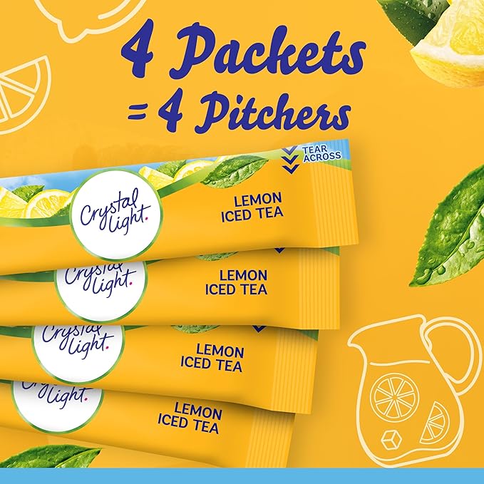 Crystal Light Drink Mix, 4 Pitcher Packets, for Flavorful Hydration and Shareable Refreshment, Naturally Flavored Lemon Iced Tea with other natural flavor, Made with Black Tea, 0.96 oz