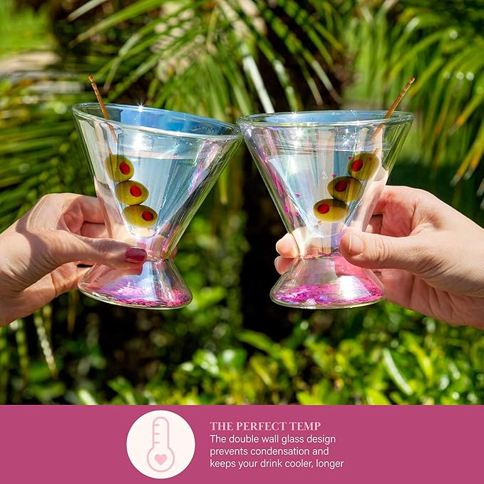 Paris Hilton 2-Piece Martini Glass Set, Double Wall Glass Design, Great for Martinis, Cocktails, Cosmopolitans, Margaritas, 207mL, 7-Ounce, Iridescent with Glitter Hearts