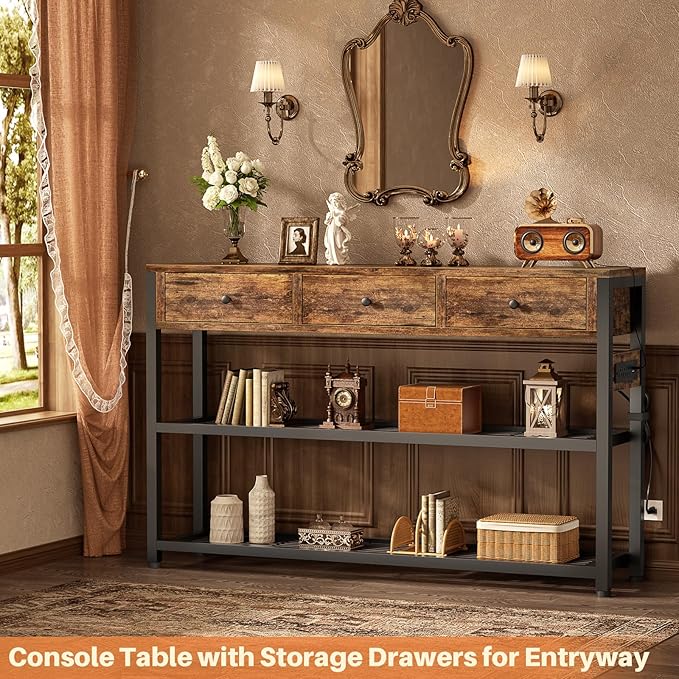 Ecoprsio 47'' Entryway Table with Outlets and USB Ports, Console Table with 3 Drawers, Sofa Table Narrow Long with Storage Shelves for Living Room, Couch, Hallway, Foyer, Kitchen Counter, Rustic Brown