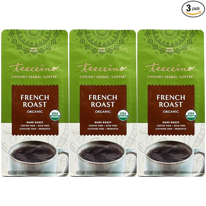 Teeccino French Roast Chicory Coffee Alternative - 11 Ounce - Ground Herbal Coffee That’s Prebiotic, Caffeine-Free & Acid Free, Dark Roast, (Pack of 3)