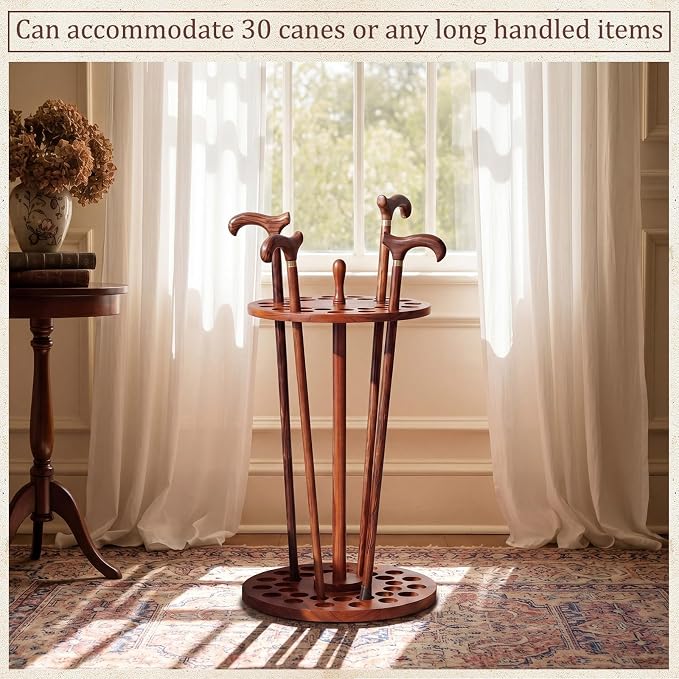 Leinuosen Rustic Wooden Walking Cane Stand Rack for 30 Canes, 27.5 Inch Tall Vintage Display Cane Holder Stand for Walking Sticks, Umbrellas, Antique Brown Home Entrance Decoratiion