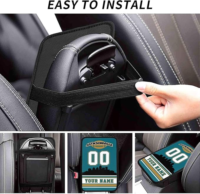 Custom Jacksonville Car Armrest Covers Personalized Football Style with Name Number Customized Auto Center Console Pad Car Handrail Box Cushion for Most Vehicle Decor Accessories, Fans Gift
