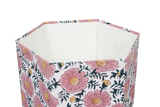 3.3 Gallon Cotton Hand Block Printed Paper Waste Basket |Small Decorative Trash Can for Housewarming Gifts in Living Room, Bedroom, Bathroom | Eco-Friendly, Plastic-Free (1, Green Pink Sun FLOWAR)