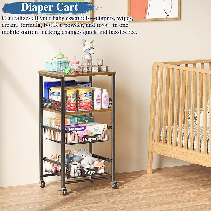 4 Tier Rolling Cart with Drawer Baskets, Metal Utility Storage Cart with Wheels and Wood Top for Living Room, Kitchen, Home Office, Bedroom, Pantry, Baby Essential, Makeup, Snack, Craft, Black