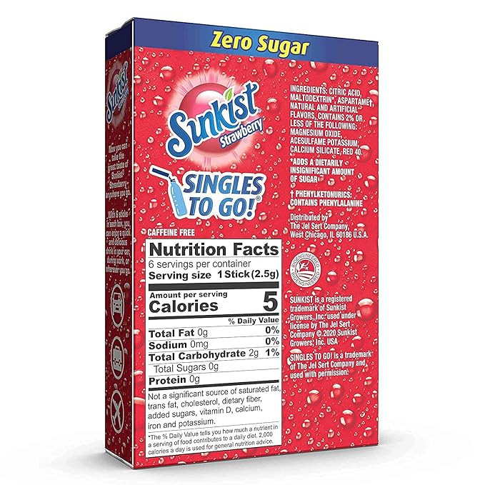 SINGLES TO GO! Sunkist Drink Mix Strawberry, 3 Boxes with 6 Packets Each - 0.03 Ounce (Pack of 18)