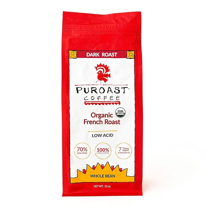 Puroast Low Acid Coffee Bean | Organic French Roast Whole Bean | Dark Roast | High Antioxidants & High pH |No Bitter Aftertaste | Reduced Heartburn & GERD | Suitable for Cold Brew - 12 oz