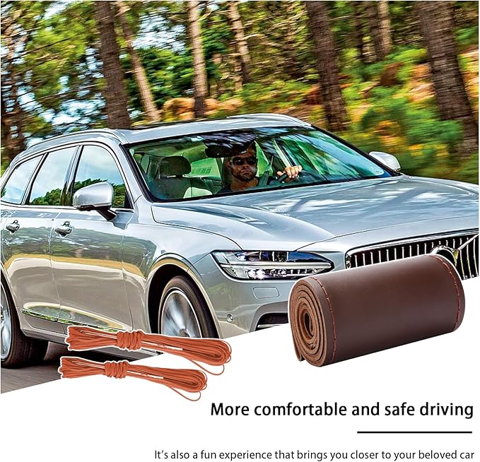 Kewucn Genuine Leather Steering Wheel Cover, 15" Universal Car Steering Wheel Protector with Needle Thread, Breathable Anti-Slip Steering Wheel Cover DIY Stitch on Wrap (Coffee, Glossy)