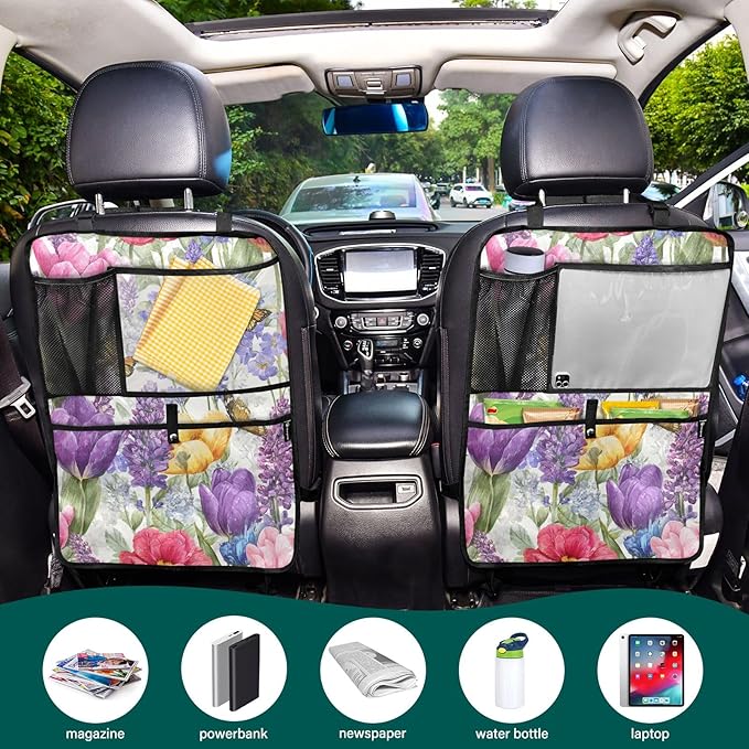2 Pack Back Seat Car Organizer with Storage Pockets Kick Mats Back Seat Protector Hanging Car Organizer Automotive Seat Back Cover Organizers Tulips Lavenders Purple Butterfly