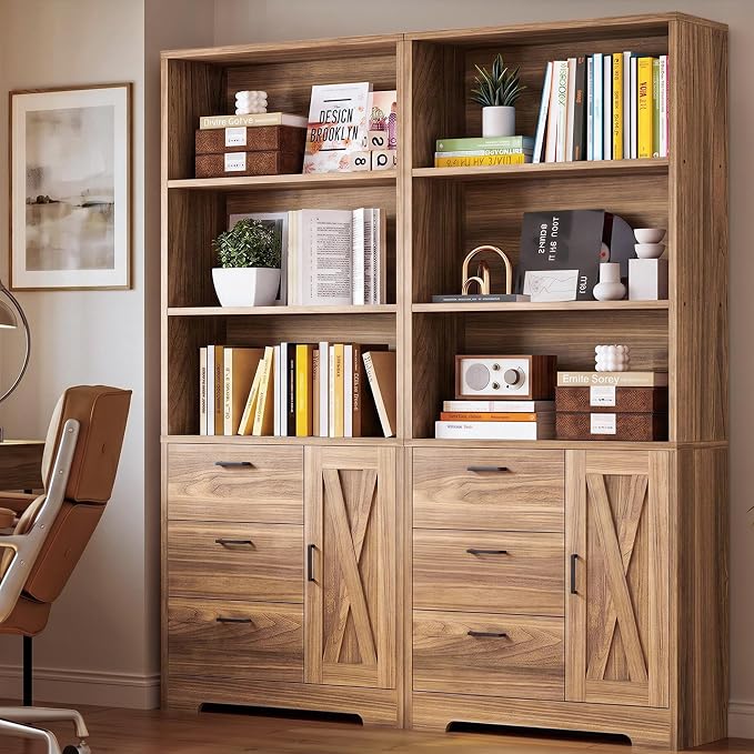 IRONCK Bookshelf with Doors and 3 Drawers 71 in Tall Bookshelf with Storage, Industrial Book Shelf with 3-Tier Shelves for Living Room Entrance Hallway Home Office