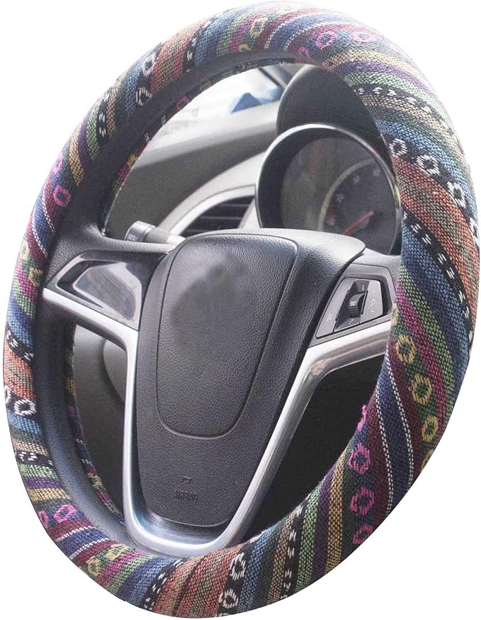 Medium Ethnic Style Coarse Flax Cloth Automotive Steering Wheel Cover Anti Slip and Sweat Absorption Auto Car Wrap Cover (14.5''-15'',C)