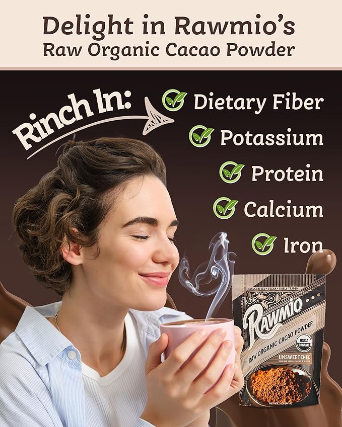 Rawmio Raw Organic Cacao Powder - Nutrient-Dense with Dietary Fiber, Iron, & Calcium - Rich & Creamy Raw Cacao for Drinking or Baking - Organic Cocoa Powder Alternative - 16 oz, Pack of 2
