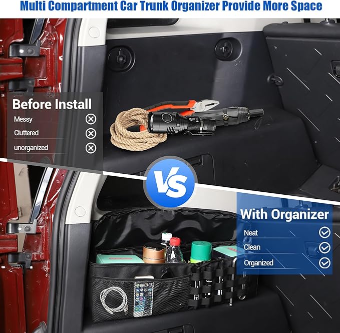 Car Trunk Organizer Compatible with Toyota FJ Cruiser 2007-2021, Rear Storage Organizer Multi-Compartment Oxford Cloth Car Storage Bag Space Saving, Black